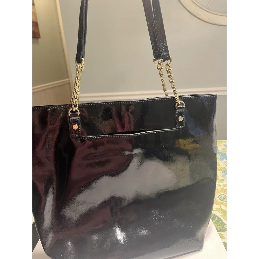 Michael Kors Jet Set Shiny Black Patent Leather Chain Tote Purse Handbag